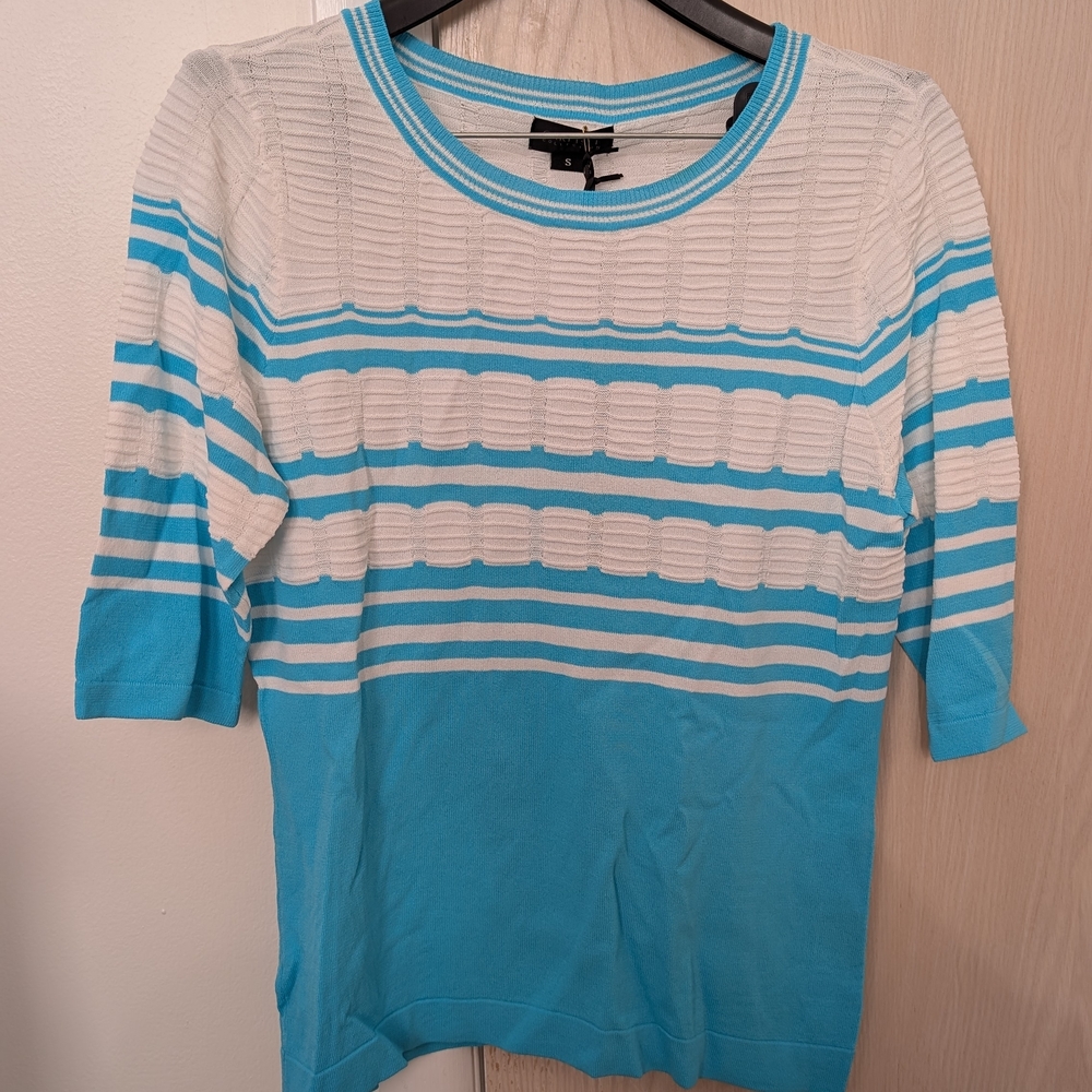 Elegant Turquoise and White Striped Long Sleeve Top - NWT